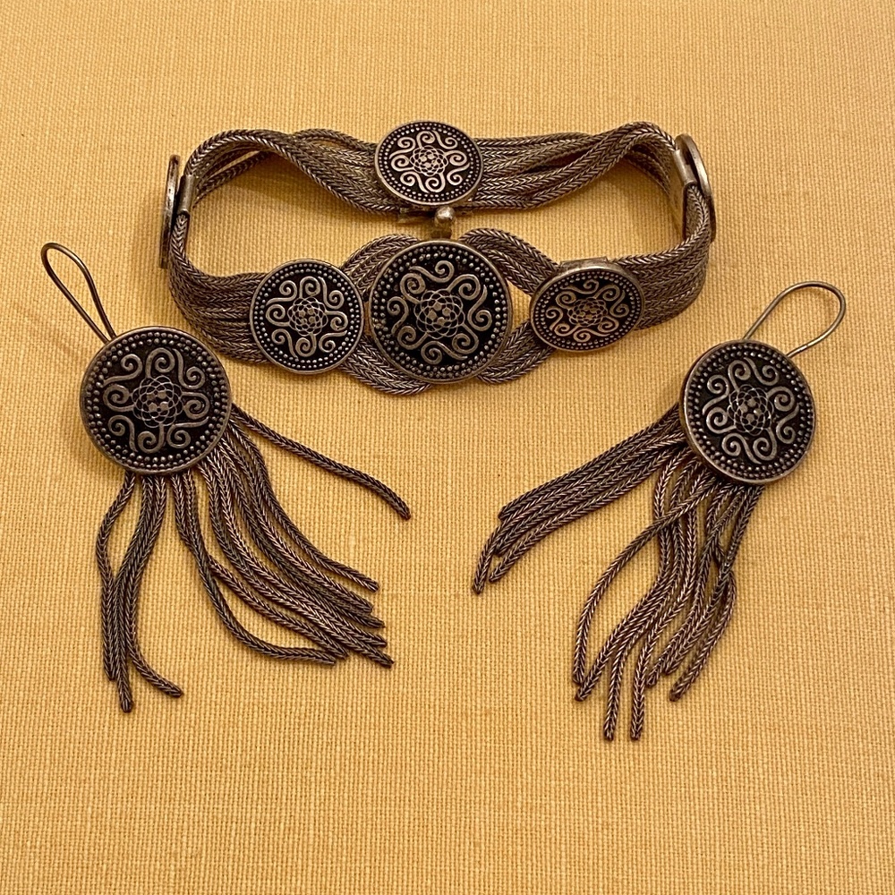 VTG I 900 Silver & Niello Bracelet & Earrings Set